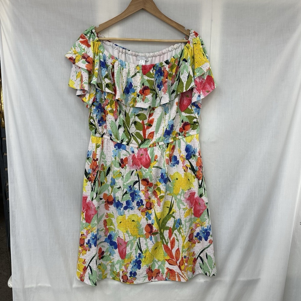 London Times Plus Size 1X Multi Color Floral Off Shoulder Ruffle Dress Lined